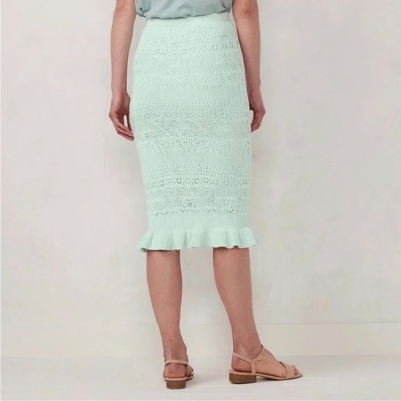 LC LAUREN CONRAD Green Midi Skirt Fitted Peplum Hem Lace Pointelle Size Small - Picture 2 of 8